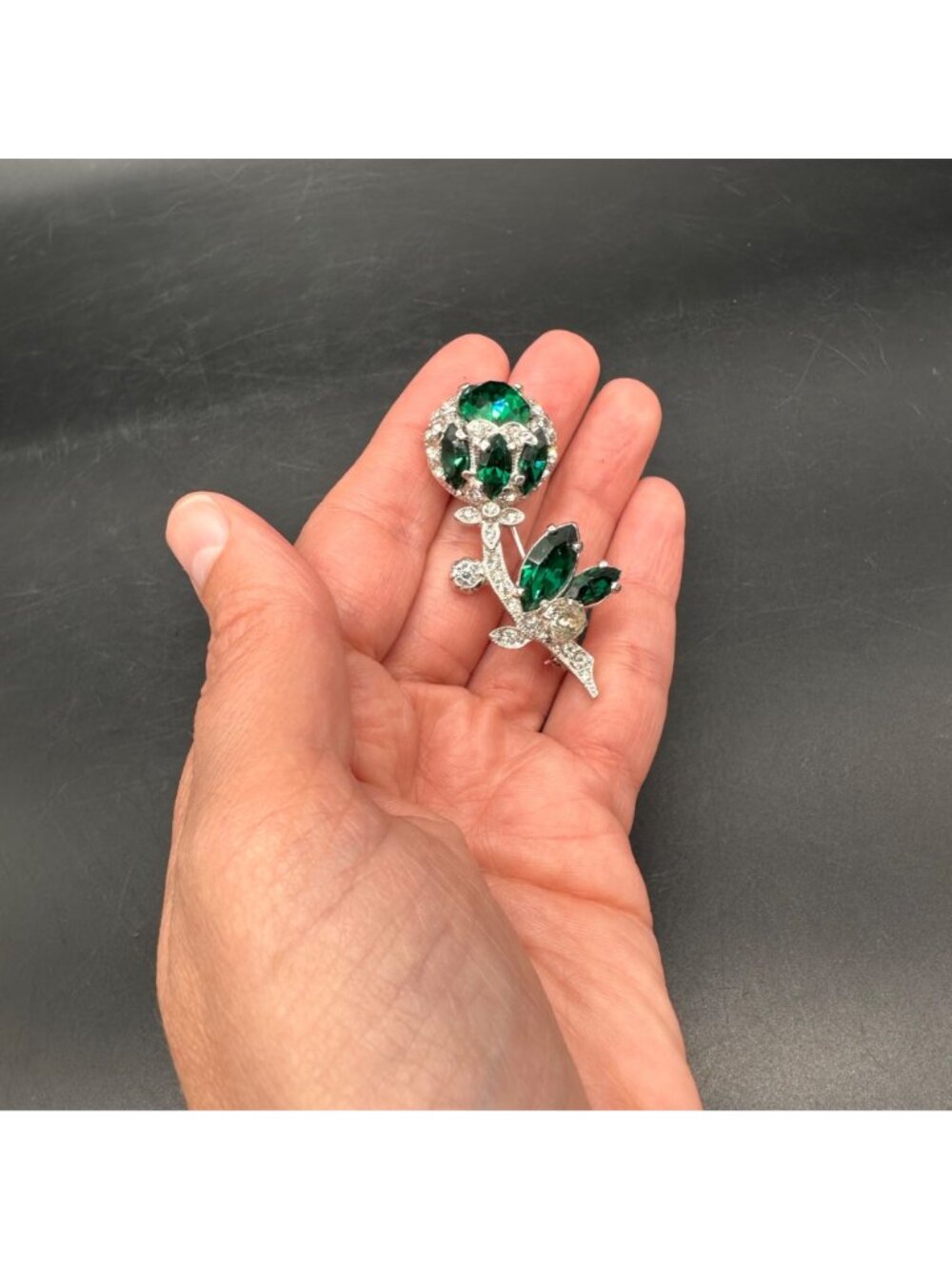 Vintage Eisenberg Ice Floral Brooch Pin Green Clear Rhinestone Silver Tone Retro - Picture 11 of 12